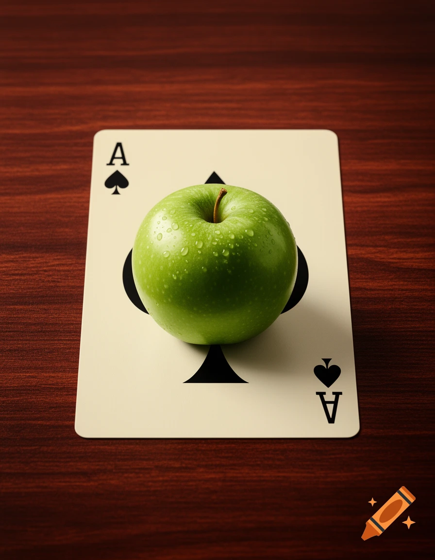 A vibrant green apple with water droplets sits centered on an Ace of Spades playing card, all on a wooden table.