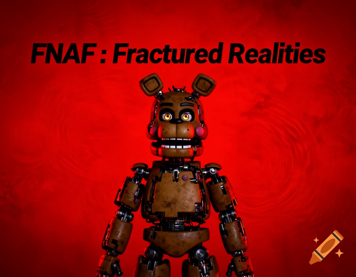 A brown animatronic bear from FNAF against a red background, with 'FNAF : Fractured Realities' text above it.