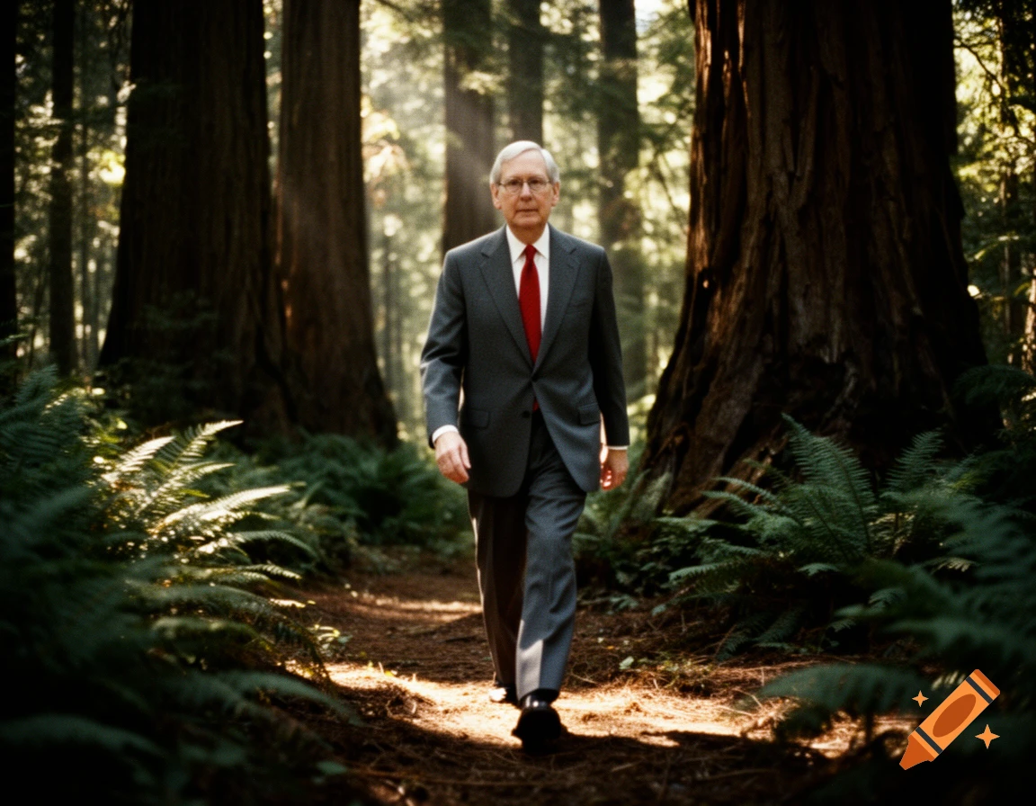 Photorealistic image of Senator Mitch McConnell in a suit and red tie walking on a forest path amidst ferns and towering trees, sunlight dappling through the canopy.