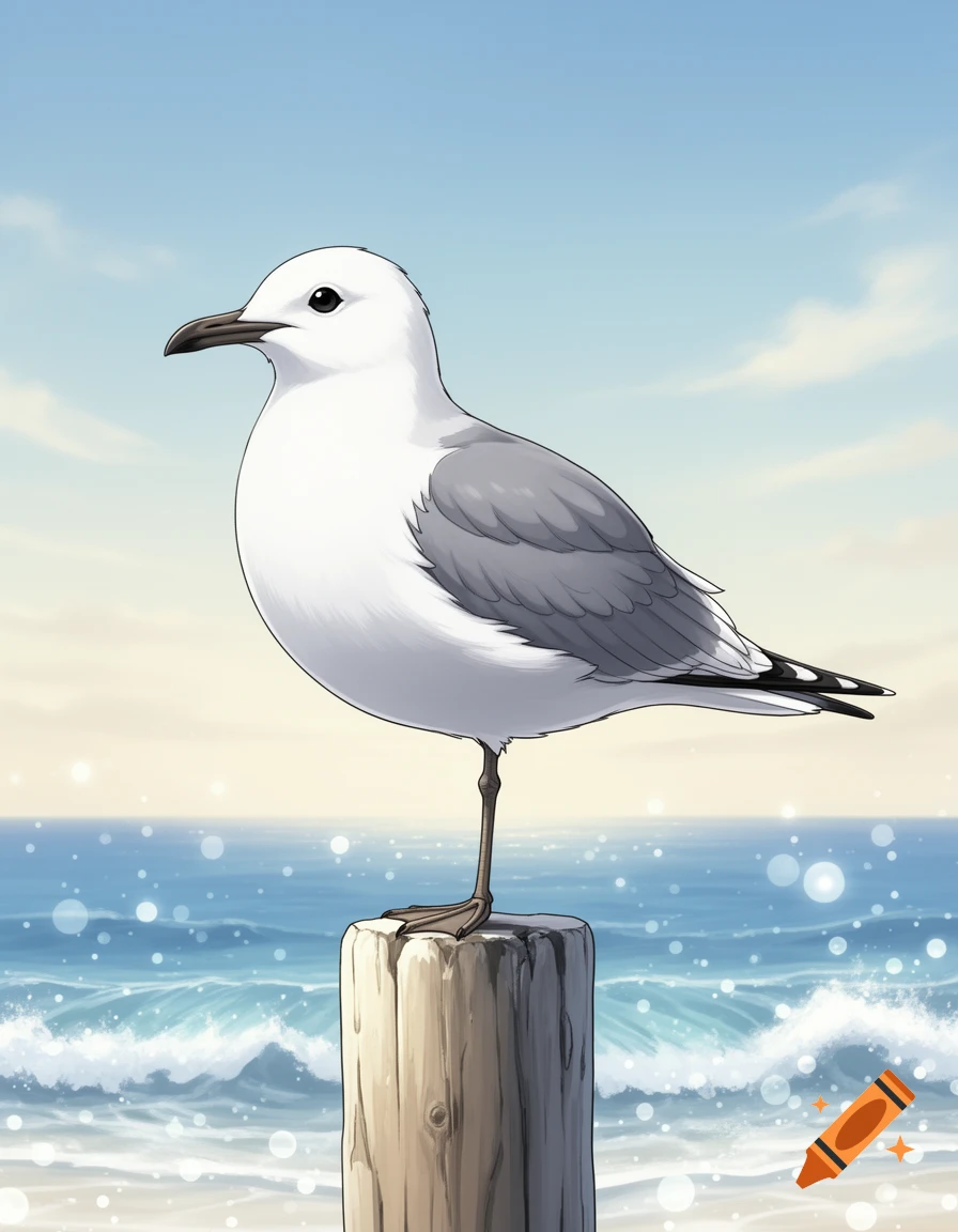 Cartoon seagull standing on a wooden post by the ocean with waves and a blue sky, illustrative style.