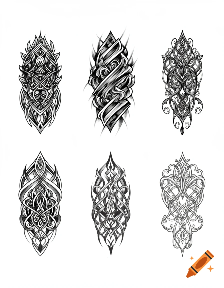 Six black and white abstract ornamental tattoo designs with intricate patterns and light shading on a white background.
