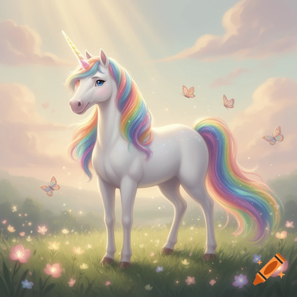 A white unicorn with a vibrant rainbow mane and tail stands in a magical field with flowers, butterflies, and a soft pastel sky.
