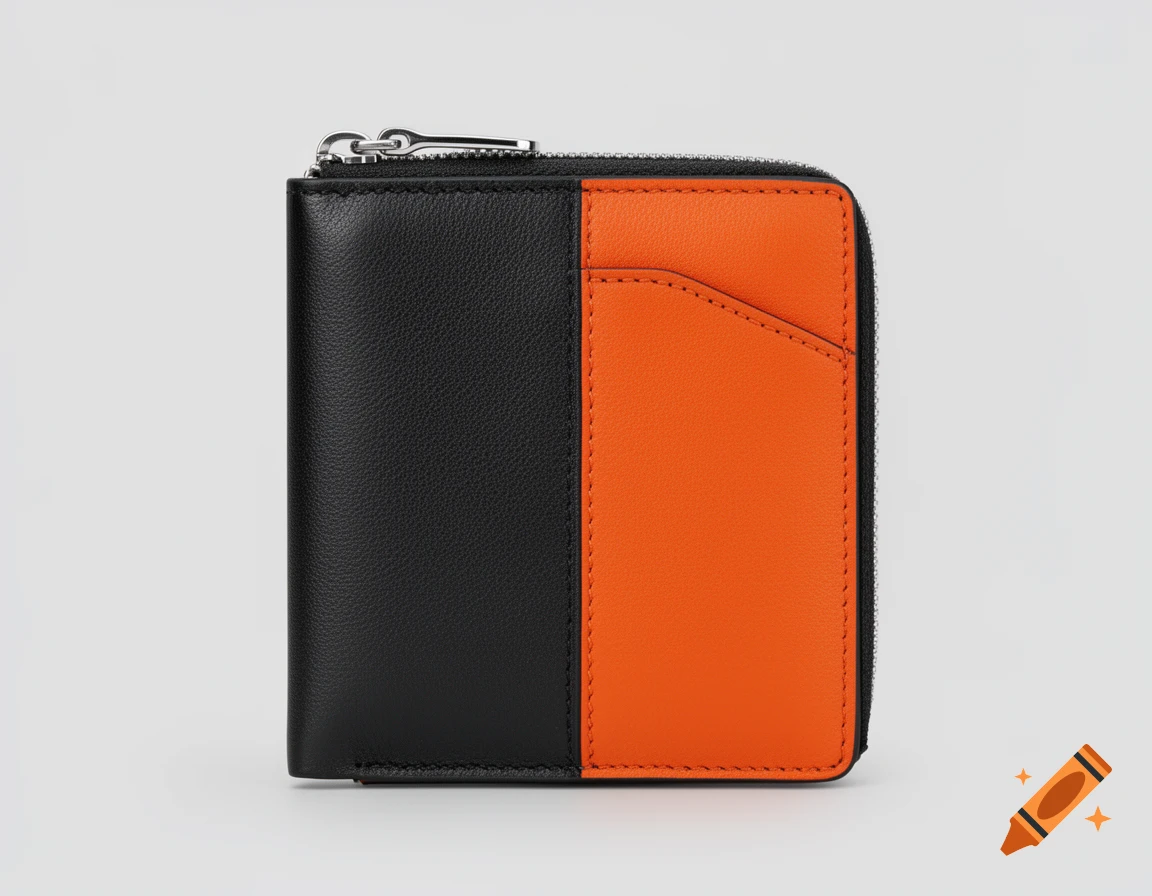 Black and orange leather wallet with a zipper, standing upright against a light grey background.