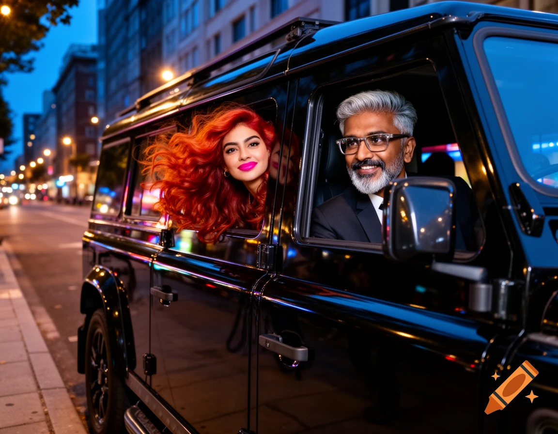 A photorealistic image of a red-haired woman and a grey-bearded man looking out a black Range Rover's windows on a city street at night.