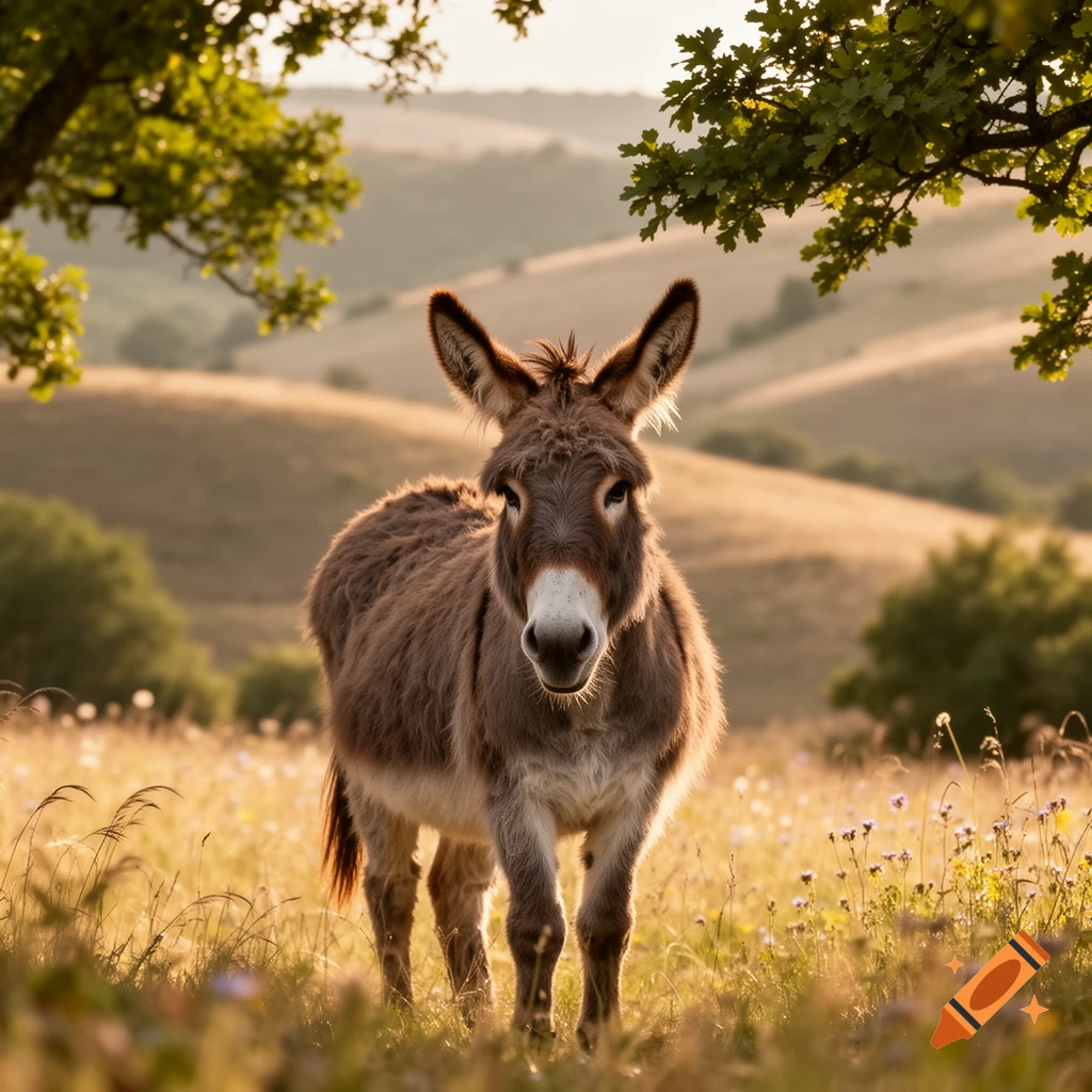 A donkey stands in a sunlit grassy field with trees and rolling hills in the background, looking directly at the viewer.
