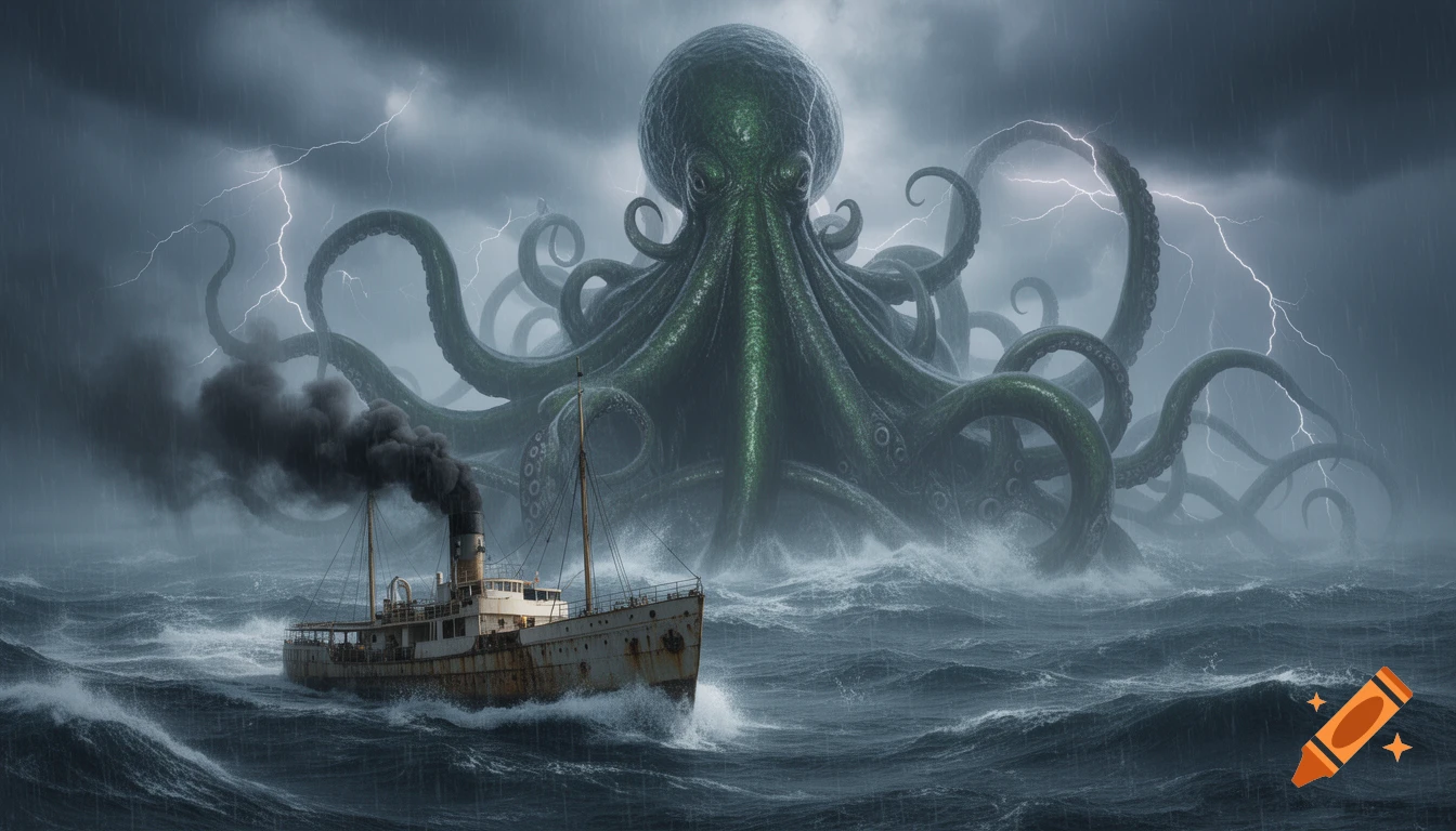 A gigantic green Cthulhu-like monster emerges from a stormy, lightning-filled sea, dwarfing a small steamer ship.