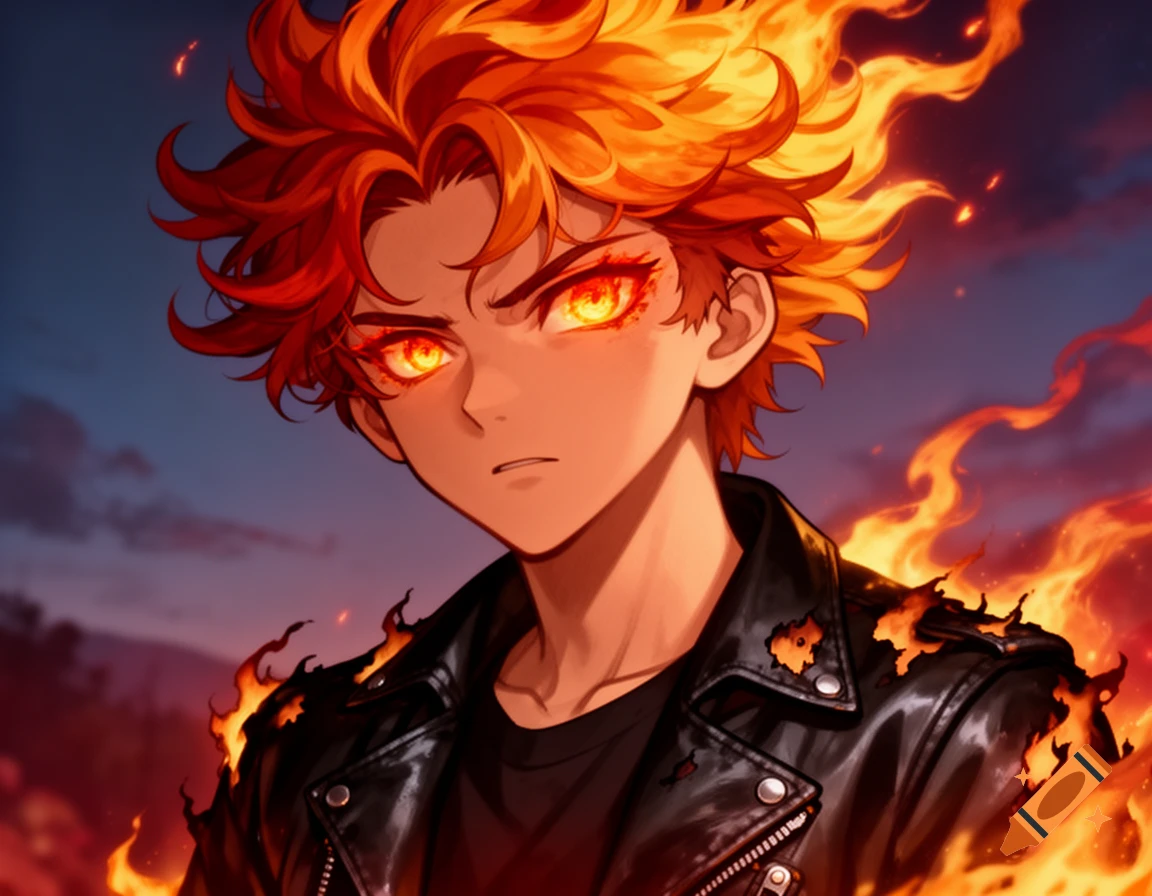 An anime character with fiery orange hair and glowing eyes wears a black leather jacket against a burning background.