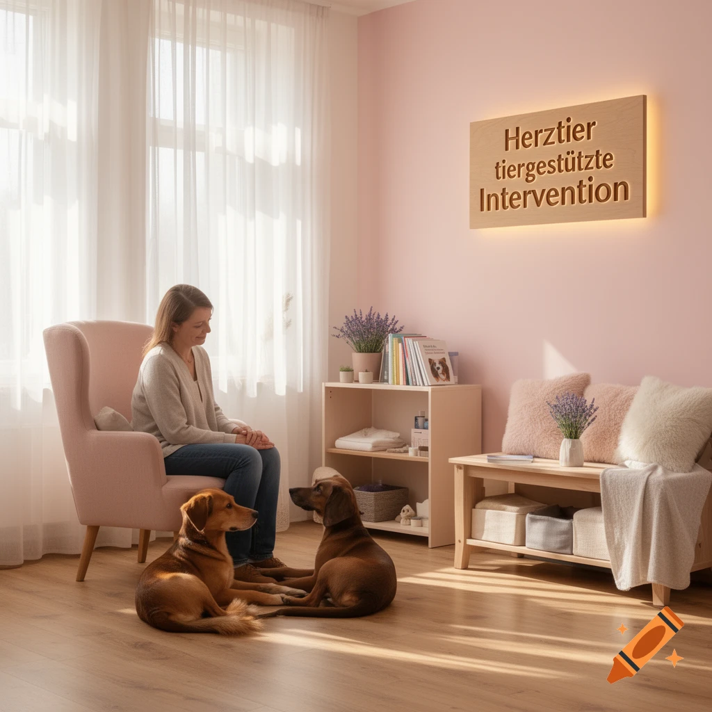 A woman sits in a pink armchair, observing two brown dogs on a wooden floor in a cozy room. A backlit sign reads 'Herztier tiergestützte Intervention'.