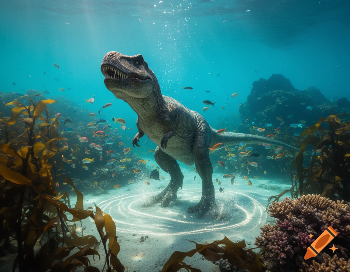 Photorealistic T-Rex stands on a sandy seabed surrounded by colorful fish, coral, and seaweed in clear blue water.