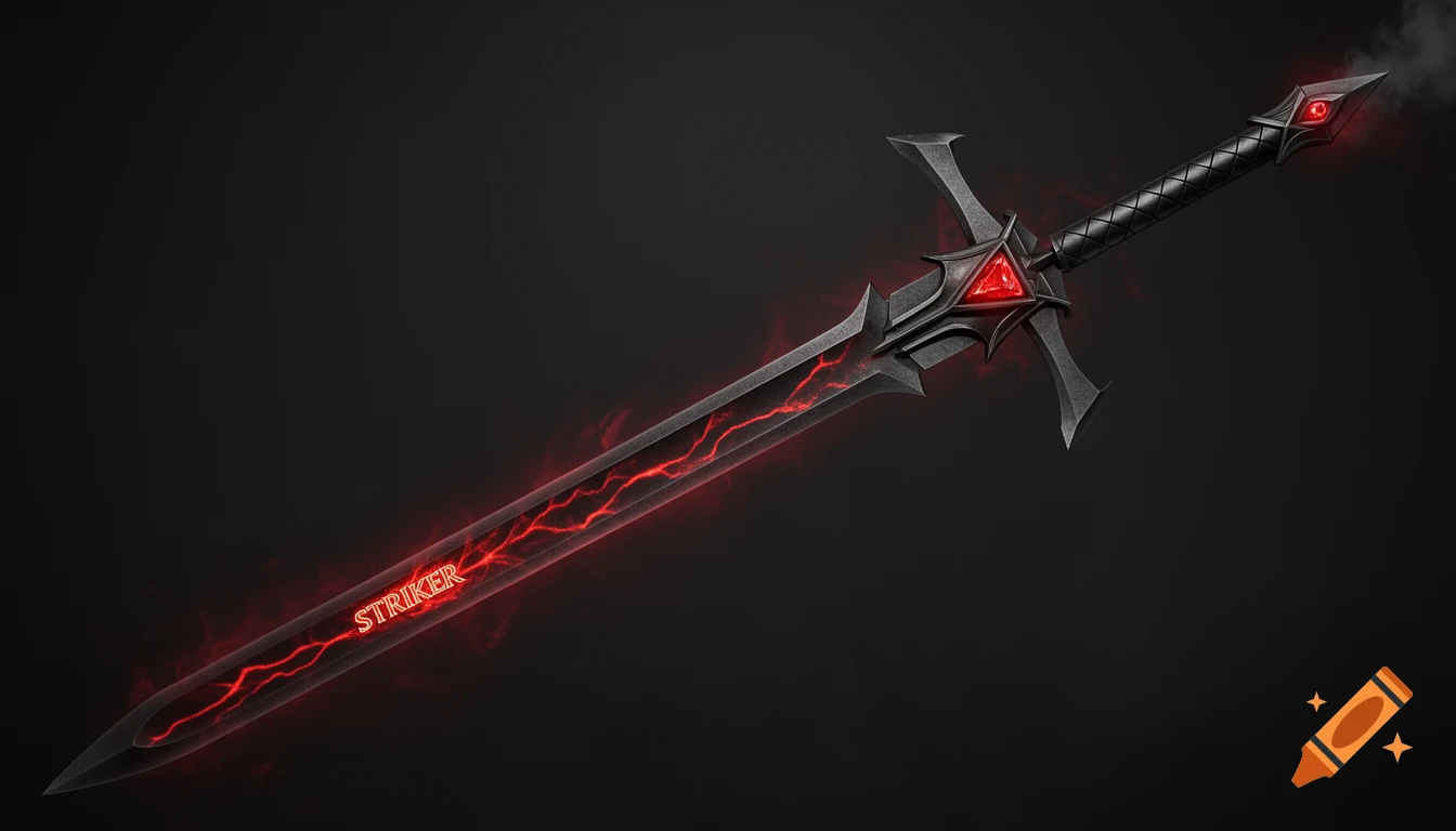 A dark metallic fantasy sword named STRIKER with glowing red veins, a red triangular gemstone, and faint red smoke.