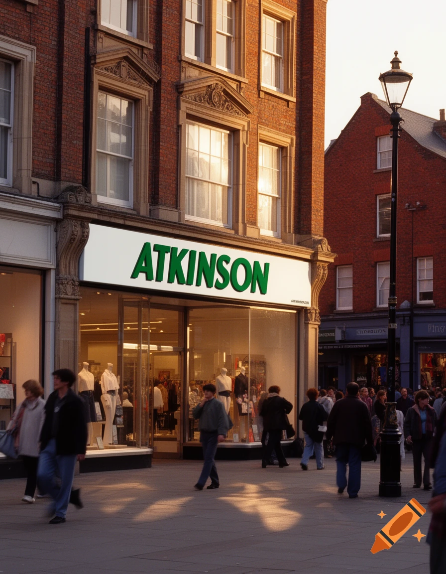 Photorealistic image of a tall brick Atkinson store with a green logo on a busy city street with pedestrians walking by.