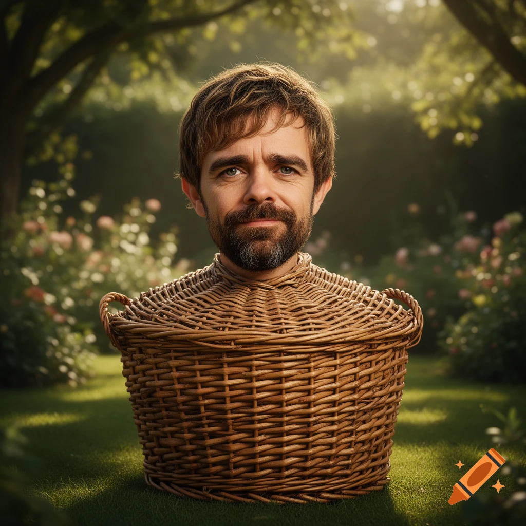 Photorealistic image of Peter Dinklage's head on top of a wicker basket, standing in a sunlit garden.