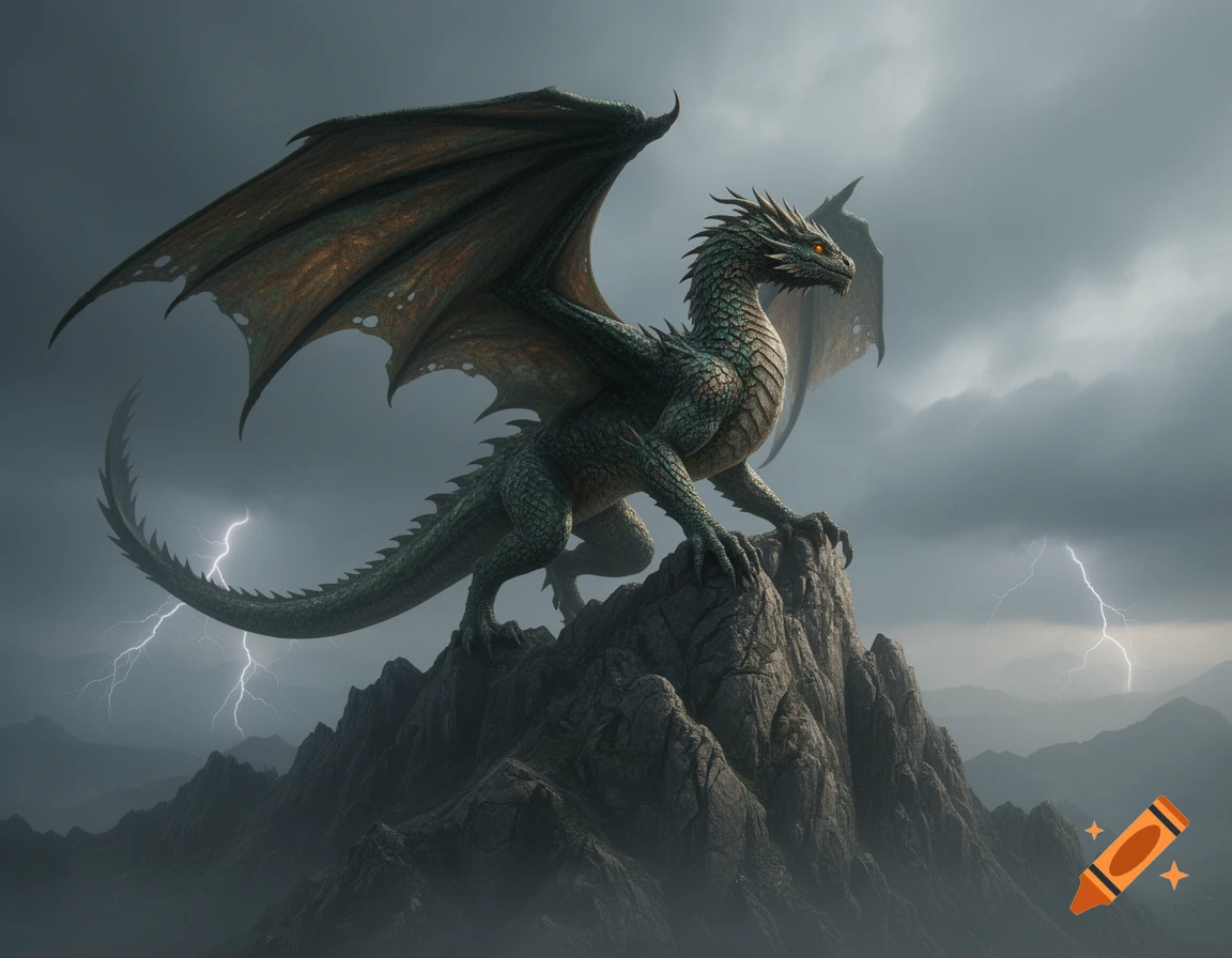 A majestic green dragon with large wings perches on a jagged mountain peak under a stormy sky with lightning.