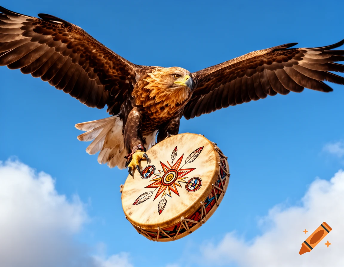 A majestic golden eagle flies with its wings spread, holding a decorated drum in its talons against a clear blue sky.