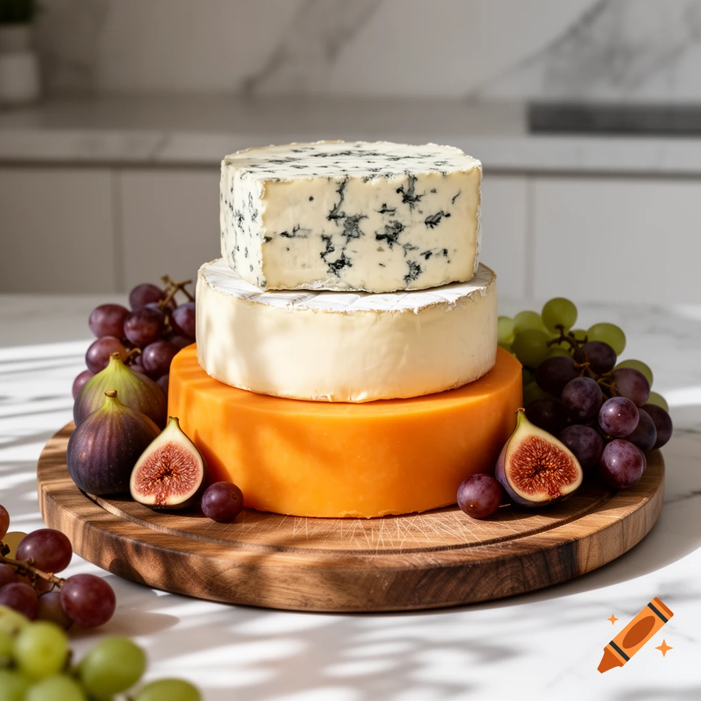 A three-layered cheese cake on a wooden board, garnished with red and green grapes and halved figs, photorealistic.