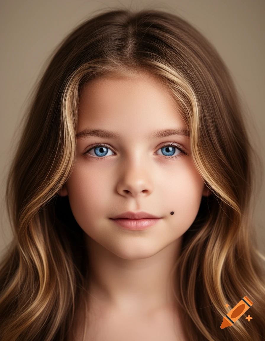 Photorealistic portrait of a young girl with bright blue eyes, a mole by her mouth, and brown hair with blonde highlights.