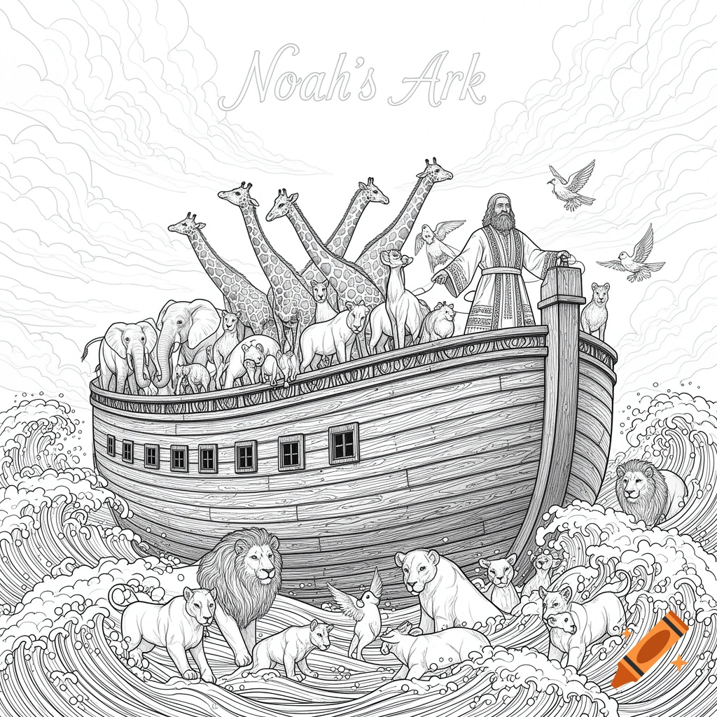 Line art of Noah's Ark with Noah, many animals, and stormy waves, suitable for a coloring page. Text: Noah's Ark.