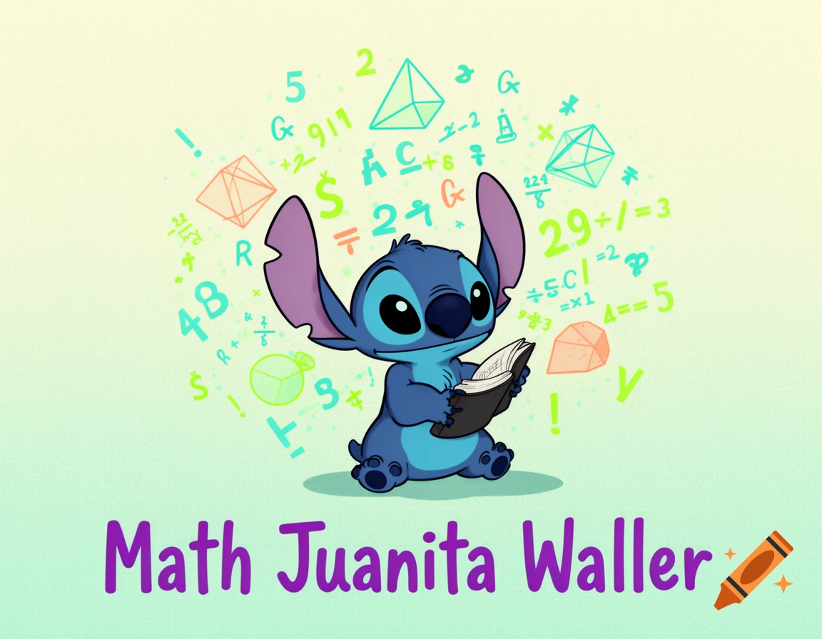 Stitch, a blue alien cartoon character, reads a book surrounded by math equations and geometric shapes, with 'Math Juanita Waller' below.