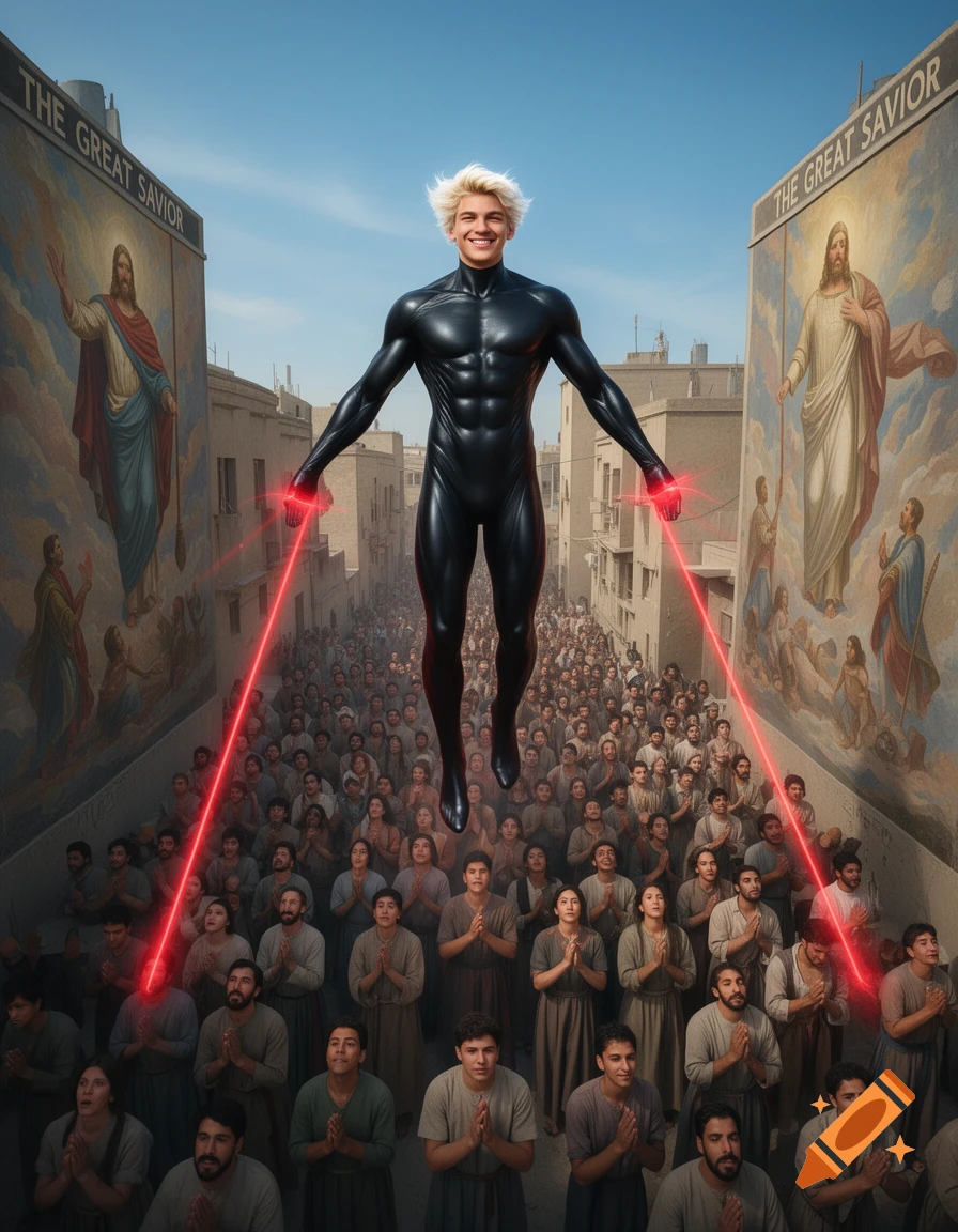 A blonde man in a black superhero suit flies over a praying crowd, emitting red lasers. Murals of Jesus on the walls read 'THE GREAT SAVIOR'.