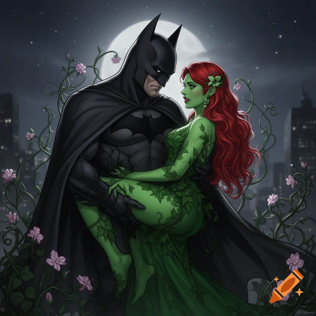 Batman holding Poison Ivy bridal style under a full moon with a city in the background, surrounded by vines and pink flowers, comic art style.