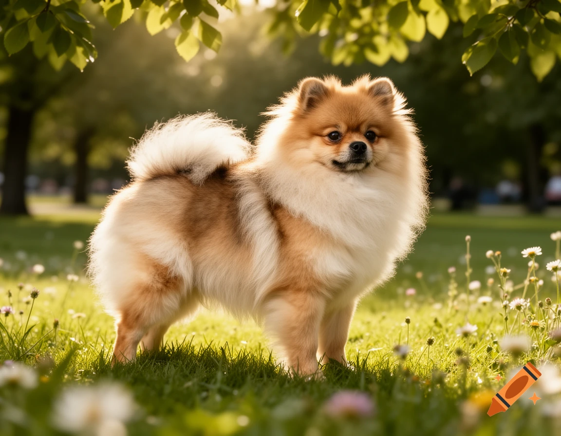 A fluffy cream and brown Pomeranian dog stands in a sunny, grassy park with wildflowers and trees in the background.