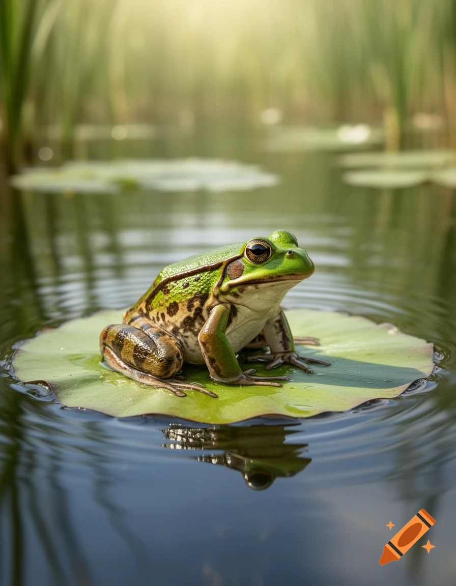 A photorealistic green and brown frog sits on a large green lily pad in a pond, with sunlight illuminating the background.