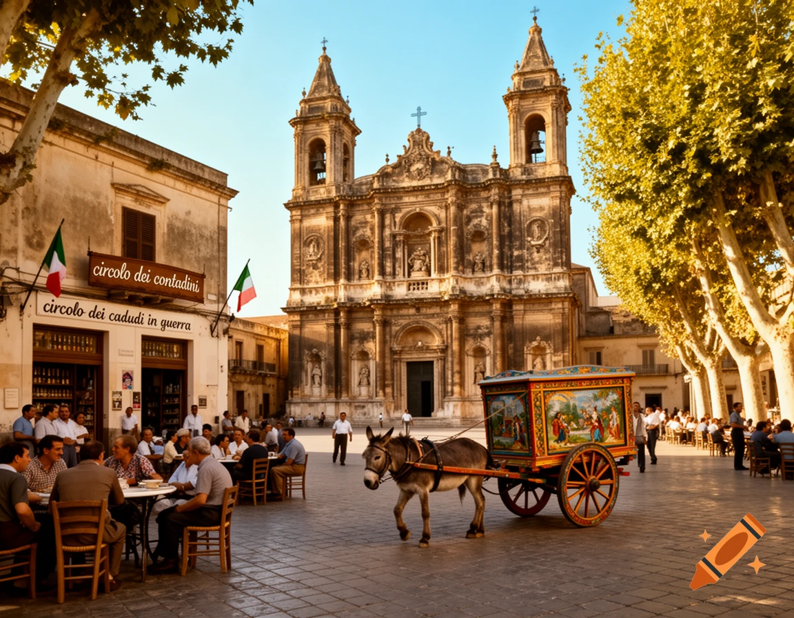 A photorealistic view of a bustling Sicilian town square in front of a baroque church, with people dining outside and a donkey pulling a colorful cart.