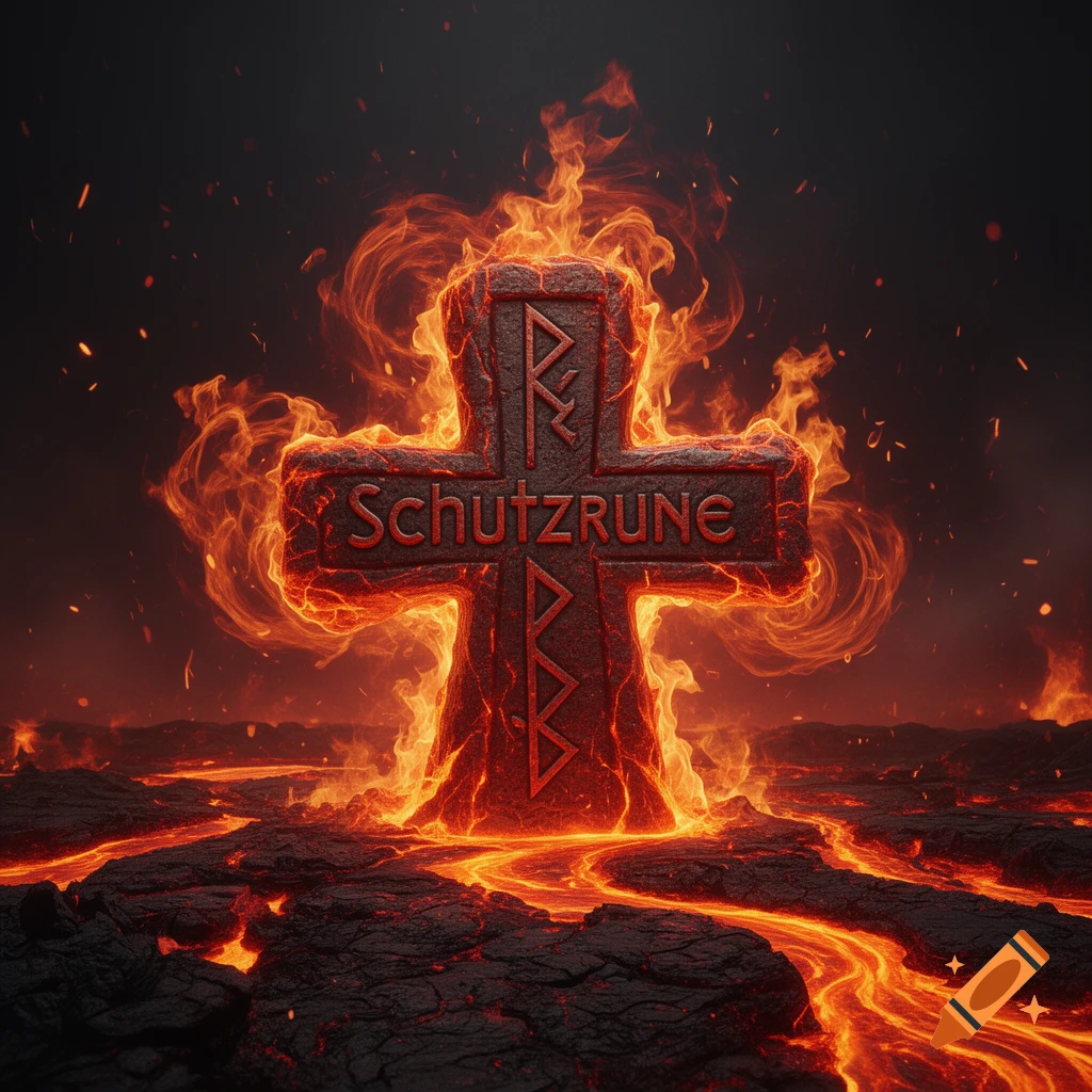 A fiery stone cross with 'SCHUTZRUNE' and runes, engulfed in flames and surrounded by glowing lava in a dark, dramatic landscape.