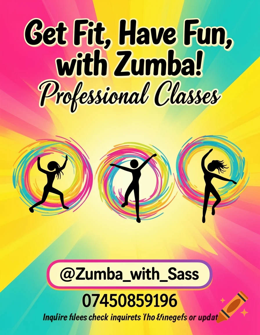 A vibrant yellow, pink, and blue flyer for Zumba classes with black dancing silhouettes, an Instagram handle, and a phone number.