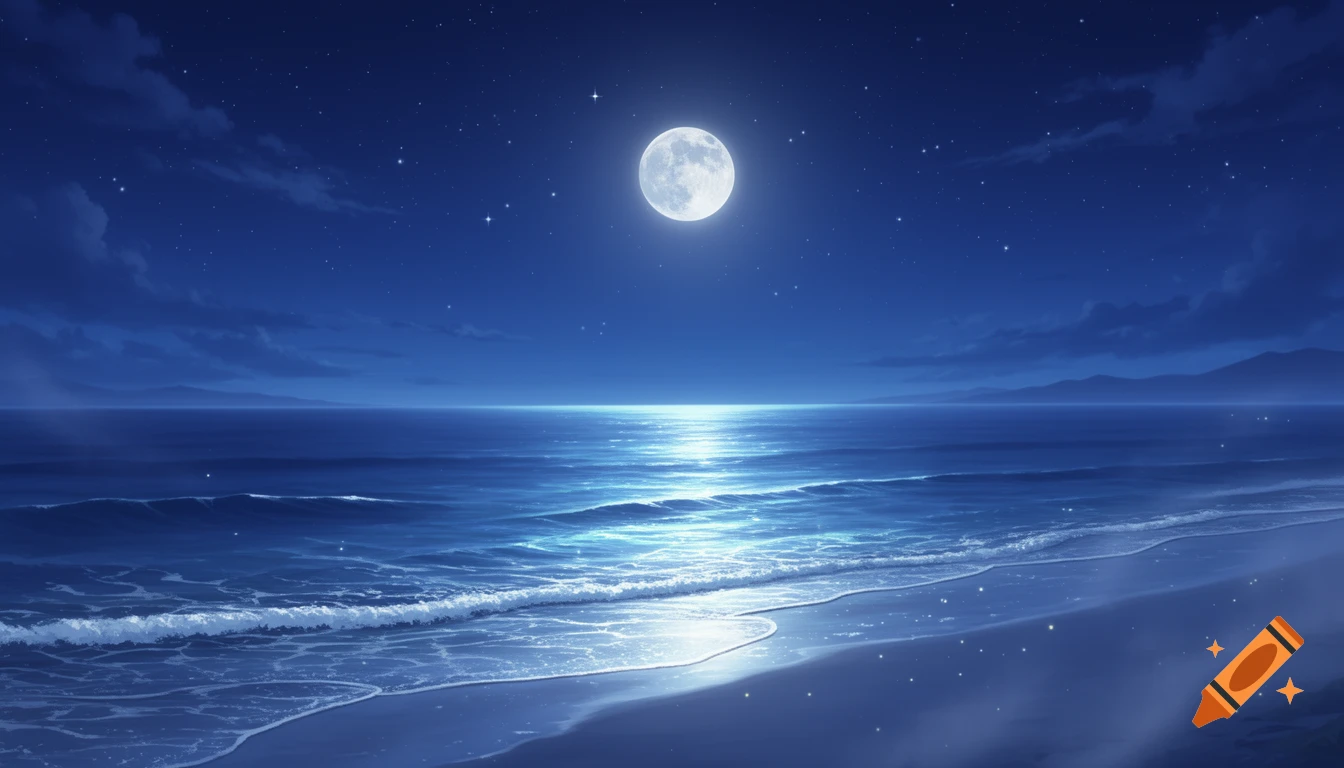Anime webtoon style landscape of a calm ocean with glowing waves under a full moon and starry deep blue night sky.