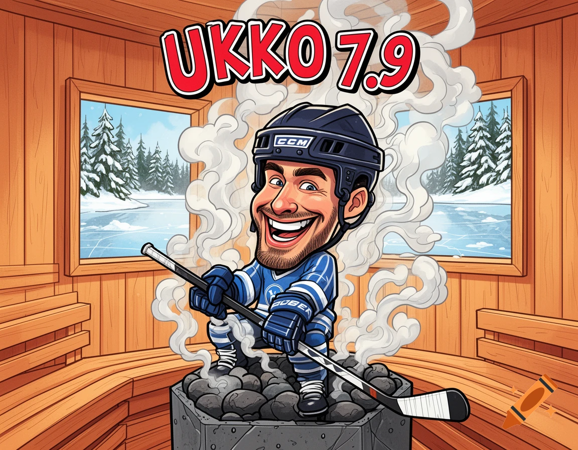 A funny cartoon caricature of a smiling hockey player in a sauna with steam, a frozen lake view, and 'UKKO 7.9' text.