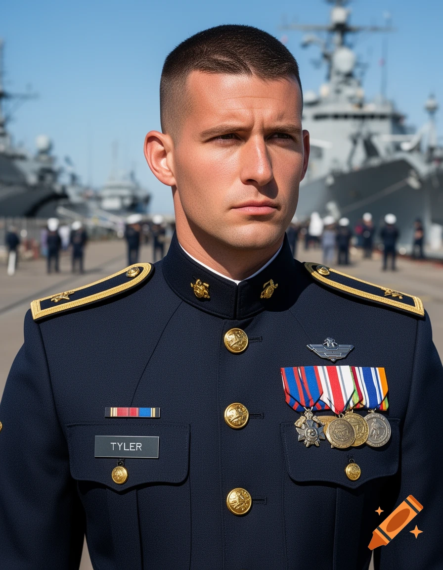 Photorealistic portrait of a male Marine officer named Tyler, in uniform with medals, standing in front of ships.