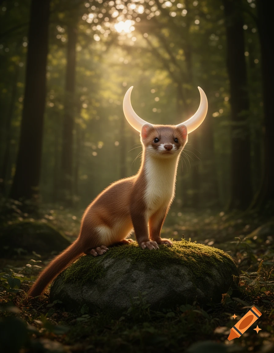 A photorealistic image of a brown and white weasel with glowing crescent moon horns, sitting on a mossy rock in a sunlit forest.