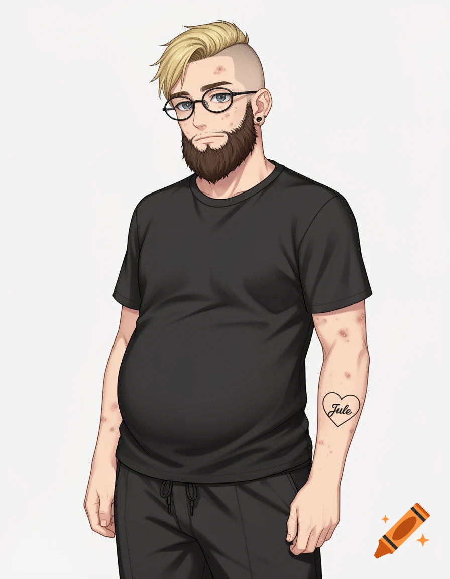 A blonde male anime character with a beard, glasses, a belly, and a 'Jule' heart tattoo on his arm, wearing a black t-shirt and sweatpants.