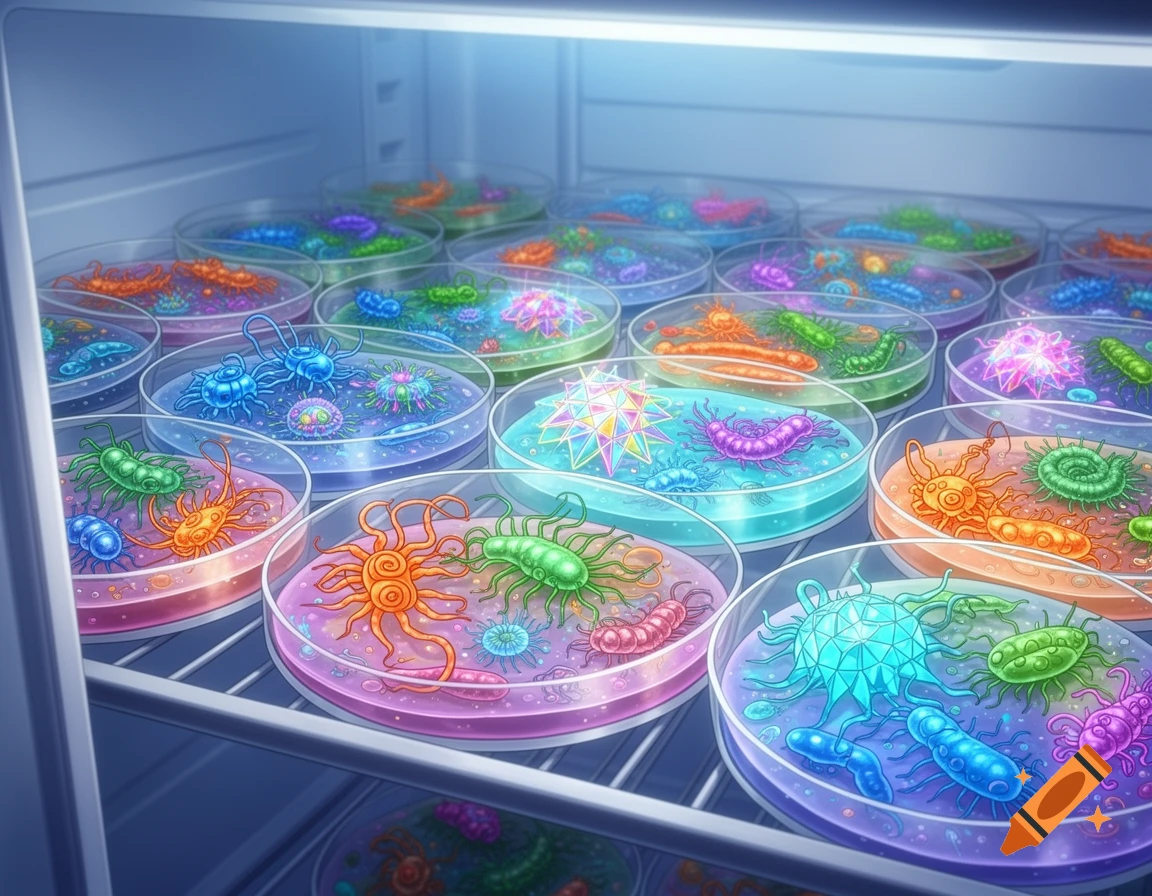Colorful, animated bacteria in petri dishes on shelves inside a refrigerator.
