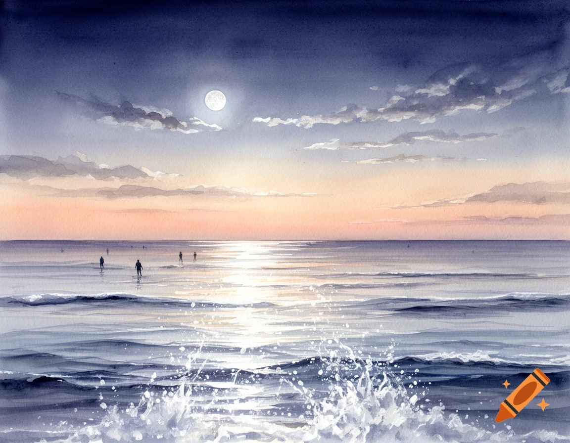 A serene watercolor painting of a moonlit seascape with people wading in shallow water at dawn.