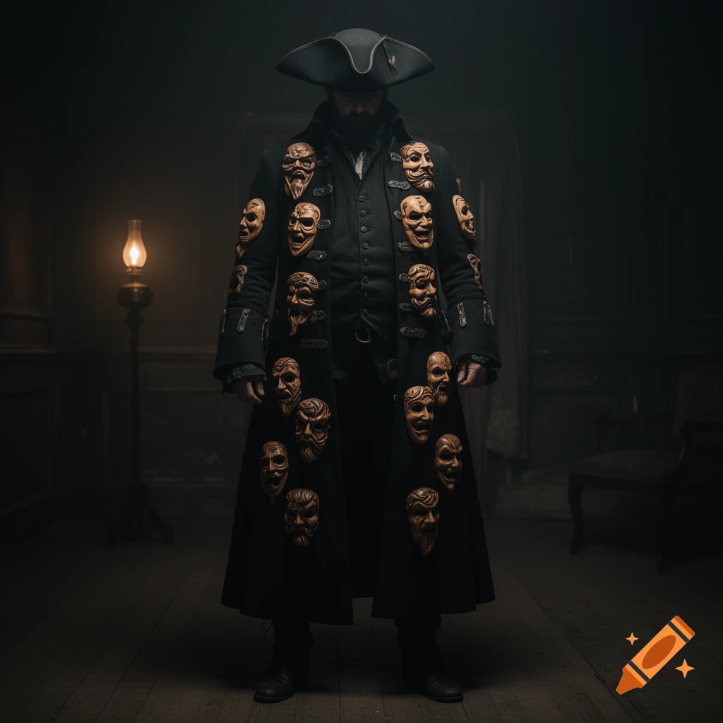 A dark villain in a black pirate coat covered in creepy wooden masks stands in a dimly lit, mid-1800s room.
