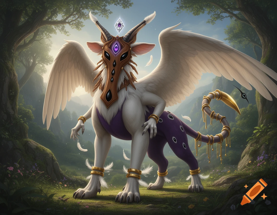 A majestic white-furred fantasy creature with large wings, a brown face mask with purple gems, and purple marked underparts, standing in a lush forest.