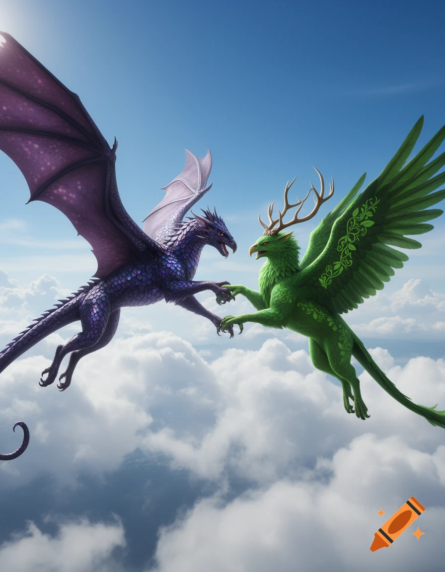 A dark purple dragon and a green griffin with antlers fly above clouds, holding talons in a clear blue sky.