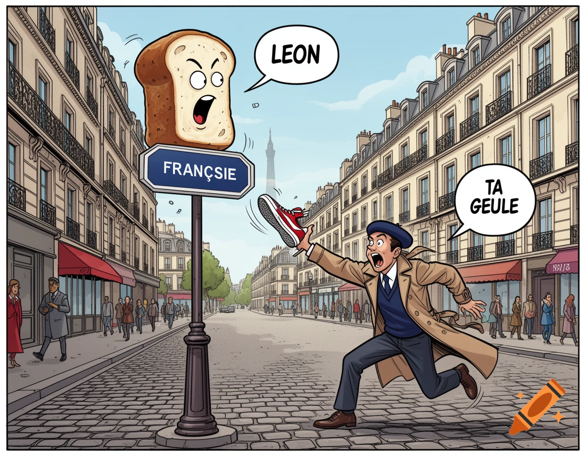 A cartoon scene in Paris shows an angry loaf of bread with speech bubble "LEON" and a man in a beret running, throwing a red shoe at the bread, with a speech bubble "TA GEULE". A street sign reads "FRANÇSIE" with the Eiffel Tower in the background.