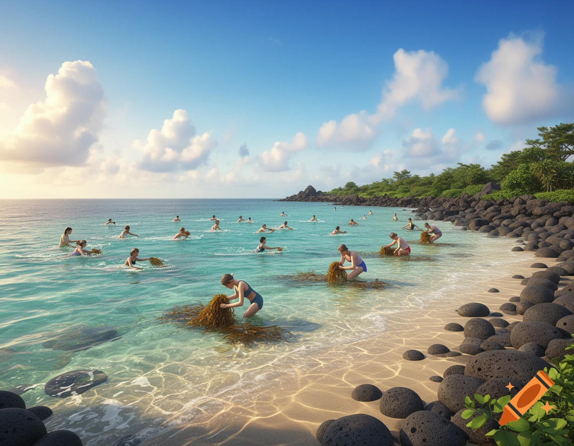 People swim and collect seaweed on a sunny beach with clear blue water and dark rocks in a 3D illustration.