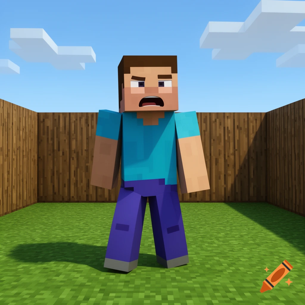 Minecraft Steve with an angry, surprised expression, standing in a grassy, blocky yard with a wooden fence and blue sky with clouds.