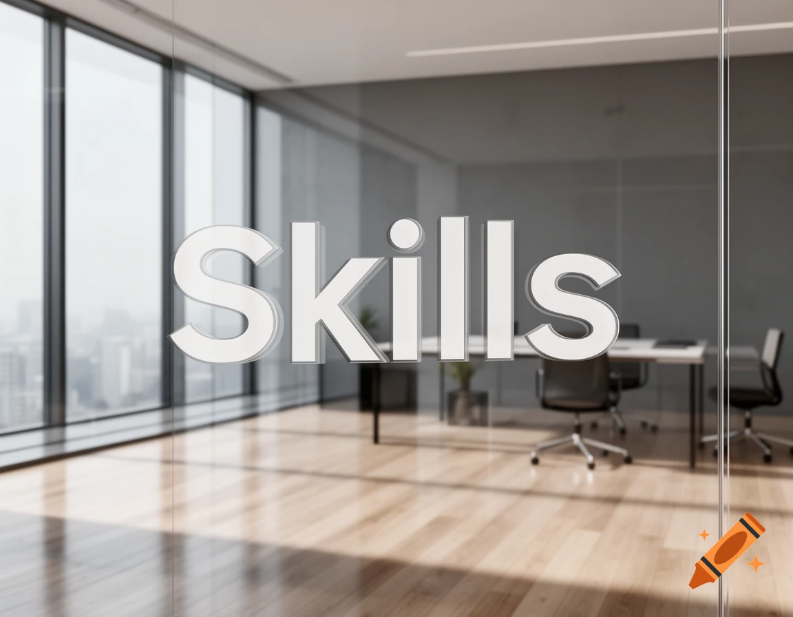 The word 'Skills' in white 3D letters on a clear glass office door, with a blurry modern office interior and city view behind it.