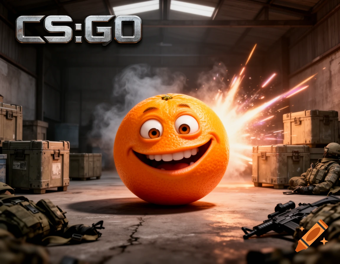 The Annoying Orange character smiles in a military warehouse with an explosion behind it, and CS:GO text above.