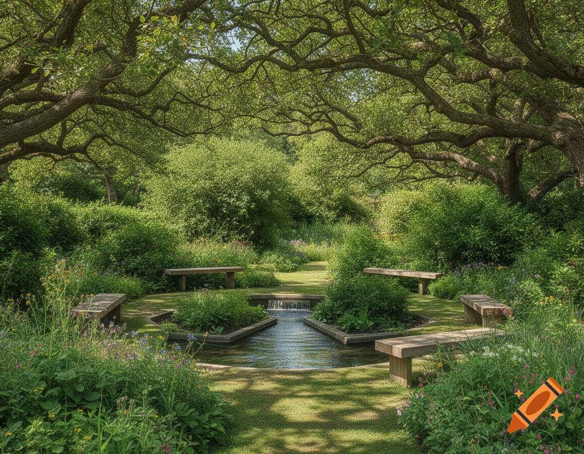 A lush, green garden with mature trees providing shade over a circular water feature and wooden benches, under a bright sky.