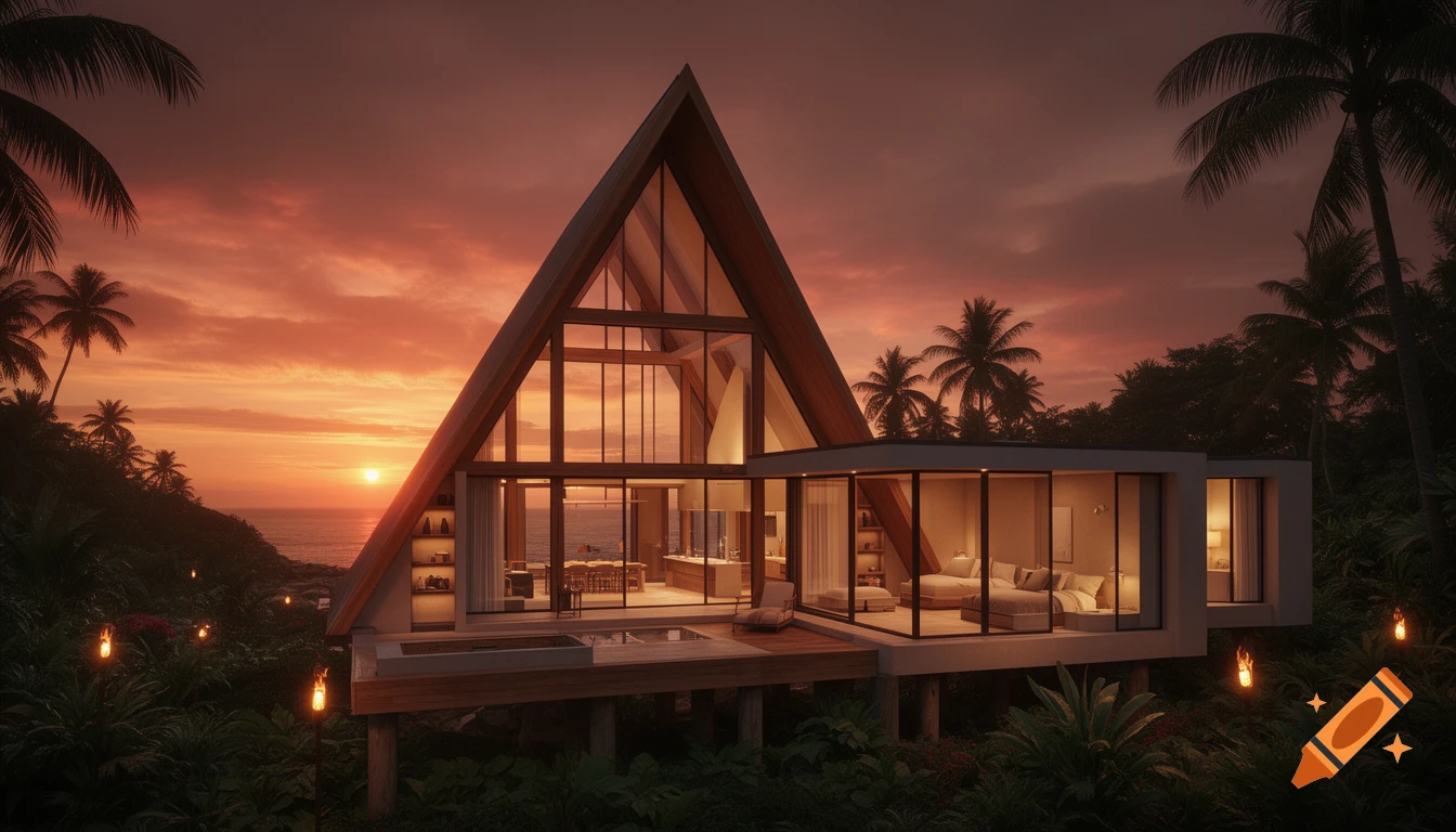 Photorealistic rendering of a modern A-frame house on a tropical island overlooking the ocean at sunset.