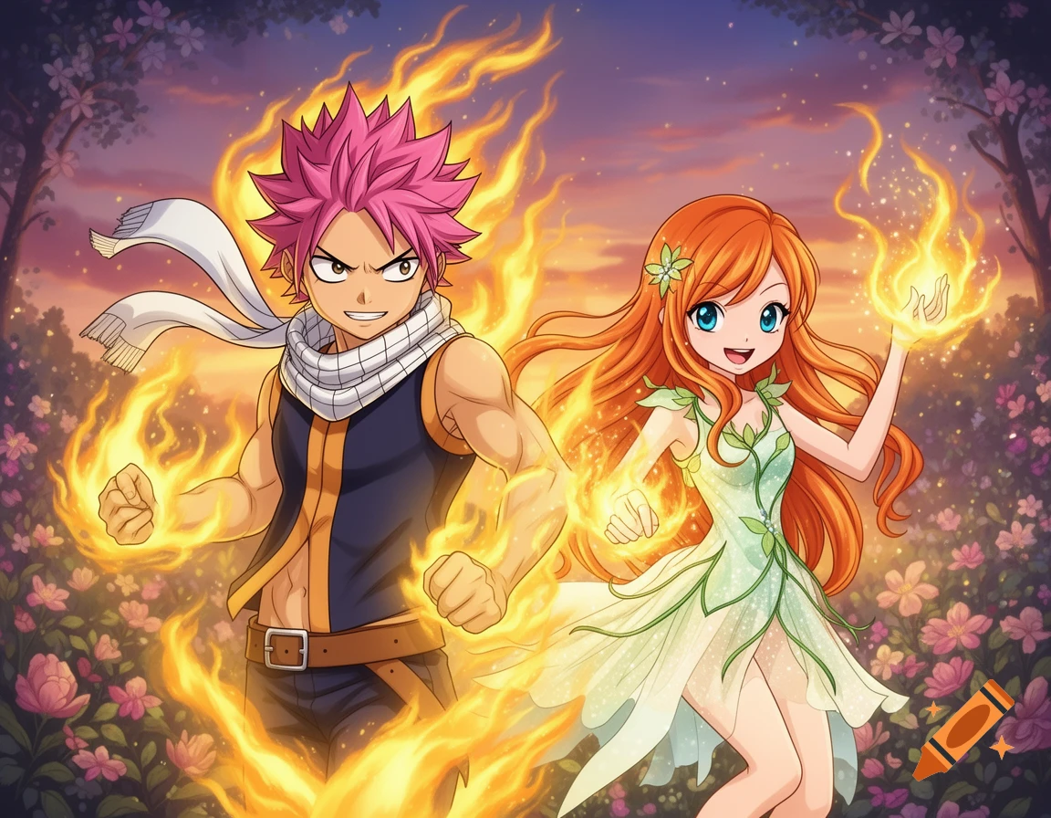 Natsu from Fairy Tail and Bloom from Winx Club surrounded by fire and magic in a vibrant floral landscape, anime style.