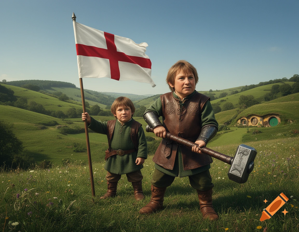 Two hobbit-like warriors stand in a green field with hobbit holes. One holds a St. George's flag, the other a large warhammer.