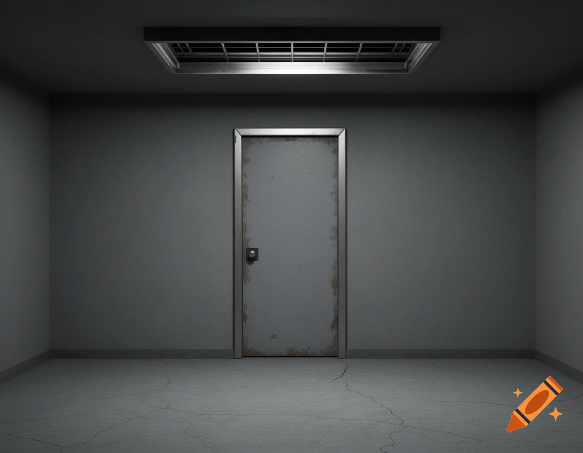 A dark, empty room with a grungy grey door and a metal ceiling vent, evoking a haunting atmosphere.