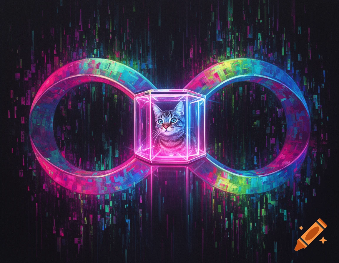 A striped cat with blue eyes sits inside a glowing neon cube, surrounded by a large glitch art infinity symbol on a dark background.